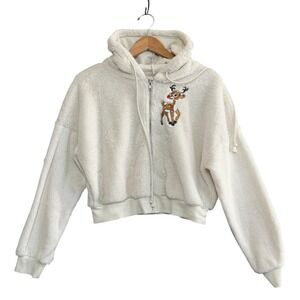NO BOUNDARIES Faux Fur Rudolph Christmas Cropped Zip Hoodie L Festive Holiday